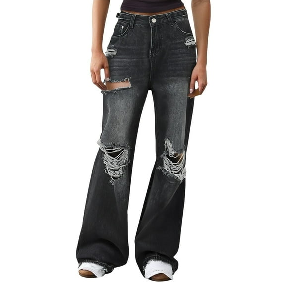 Wide Leg Jeans Woman, Audhol Women Jeans High Waist Embroidered Jeans Women Hole Baggy Jeans Jeans for Women Grey XL