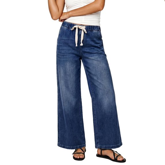 Wide Leg Jeans Woman Baggy Drawstring Jeans High Waisted Stretchy Straight Leg Jean Y2K Denim Pants with Pockets