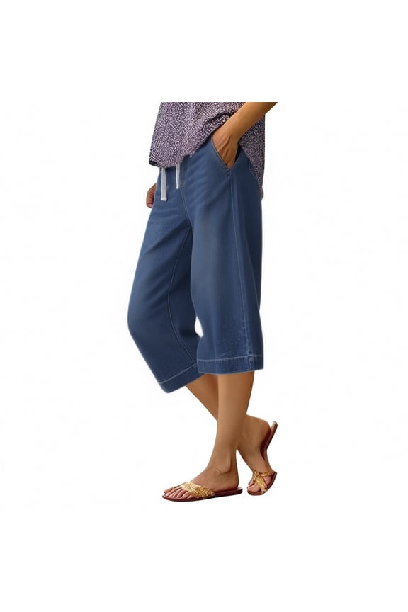 Wide Leg Jeans Woman Capri Pant Drawstring Elastic Waist Straight Casual Summer Lightweight Denim Plus Size Pull On Jean Blue 3XL