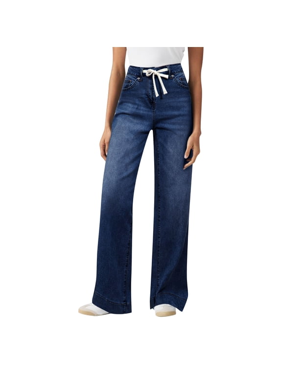 Soft Stretch Wide Leg Denim Trousers for Women Mid Rise Drawstring Tie Waist Relaxed Full Length Jeans