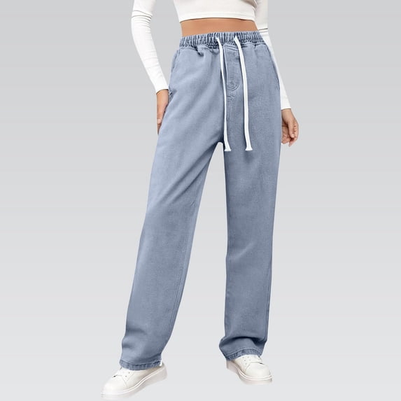 Wide Leg Jeans Woman Elastic Waist Baggy Drawstring Pull On Trouser Jeans High Waisted Stretchy Straight Leg Denim Pants