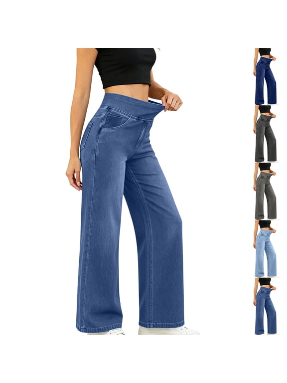 Wide Leg Jeans Woman Elastic Waist Pull on Stretchy Straight Leg Denim Pants High Waisted Tummy Control Sweatpant Jean
