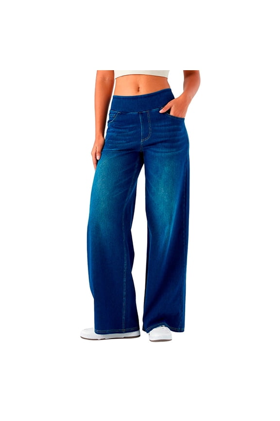 Wide Leg Jeans Woman High Waisted Pull On Baggy Jeans Stretchy Denim Pants Dark Blue S