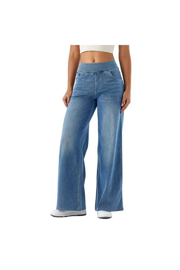 Wide Leg Jeans Woman High Waisted Pull On Baggy Jeans Stretchy Denim Pants Light Blue XXXXXS