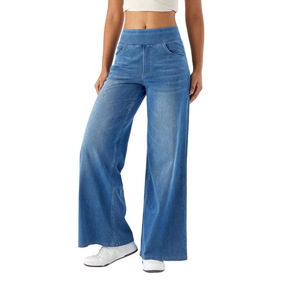 Wide Leg Jeans Woman High Waisted Pull On Baggy Jeans Stretchy Denim Pants Navy L