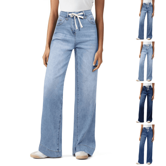 Wide Leg Jeans Woman High Waisted Trendy Pull On Elastic Waist Drawstring Stretchy Denim Jean Pants with Pockets Sky Blue M