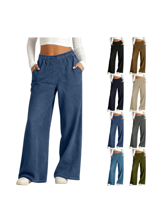 Wide Leg Jeans Woman High Waisted Trendy Pull On Elastic Waist Drawstring Stretchy Faux Denim Jean Pants with Pockets Dark Blue M