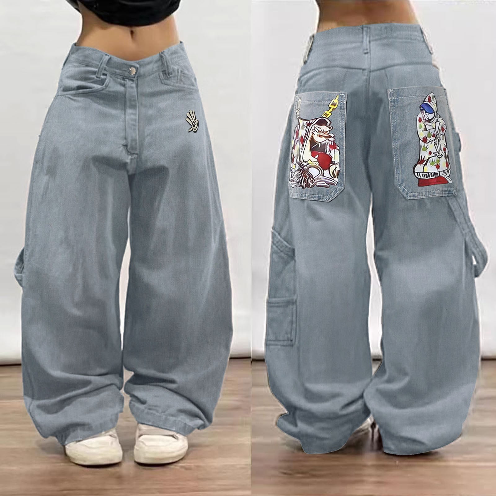 Wide Leg Jeans Woman Hip Hop Jeans Baggy Skeleton Pants Graphic
