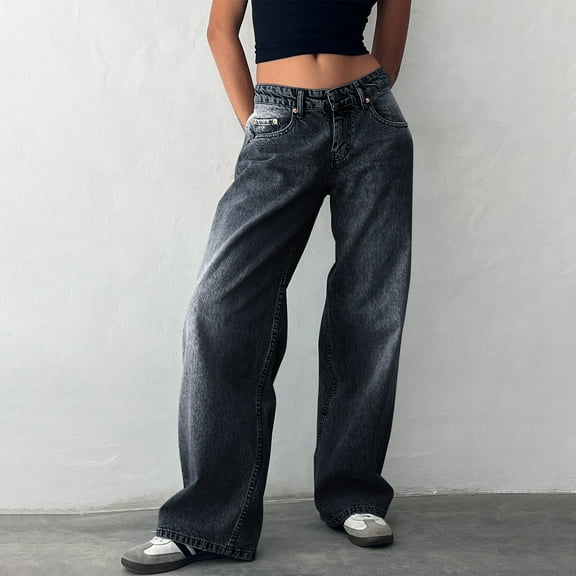 Wide Leg Jeans Woman Retro Low Waist Washed Straight Jeans Street Denim Pants Solid Color Casual Comfortable Denim Pants Fall 2025 with Pocket
