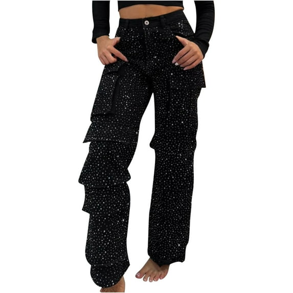 Wide Leg Jeans Woman Sevevn Straight Leg Jeans for Women Teen Girls Bling Loose Fit Cargo Pants