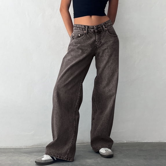 Wide Leg Jeans Woman Solid Color Retro Low Waist Washed Straight Jeans Street Denim Pants Classic Fit Denim Pants Fall 2025 with Pocket
