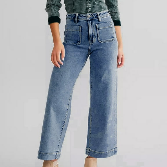 Wide Leg Jeans for Women High Waisted Flare Jeans Cropped Denim Pants Stretchy Baggy with Patch Pockets Jean Jumpsuits Women Pants No Kvetching Womens Clothes Denim Leggings Cargo Jean Pants