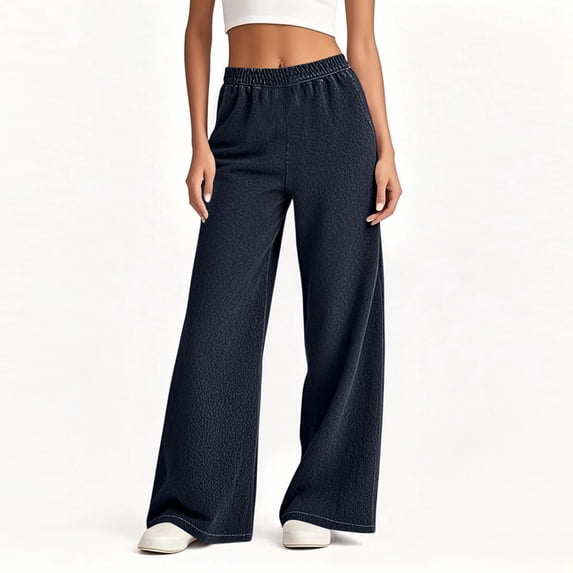 Wide Leg Jeans Women Petite High Waisted Elastic Jean Waist Strechy Drawstring Pull On Denim Pants With Pockets Navy 3XL