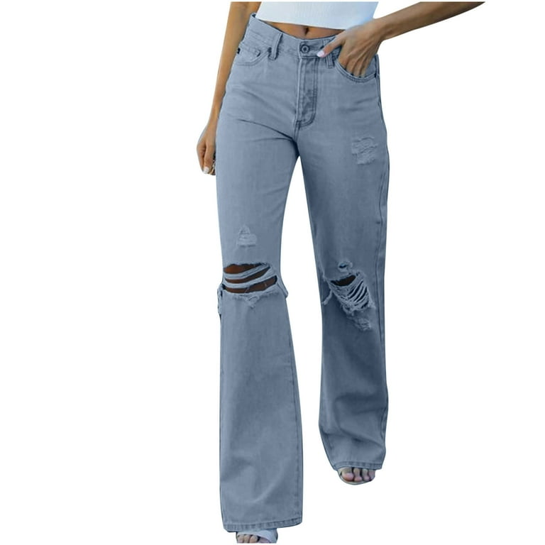 Light Blue Casual Bootcut Jeans, Mid-Stretch Slant Pockets High Waist Denim  Pants, Women's Denim Jeans & Clothing