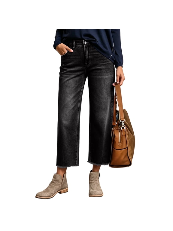 Wide Leg Jeans for Women Straight Capri Jeans High Waisted Stretchy Raw Hem Pants Casual Loose Fit Fashion Style Denim Pants for Everyday Wear Black 2XL