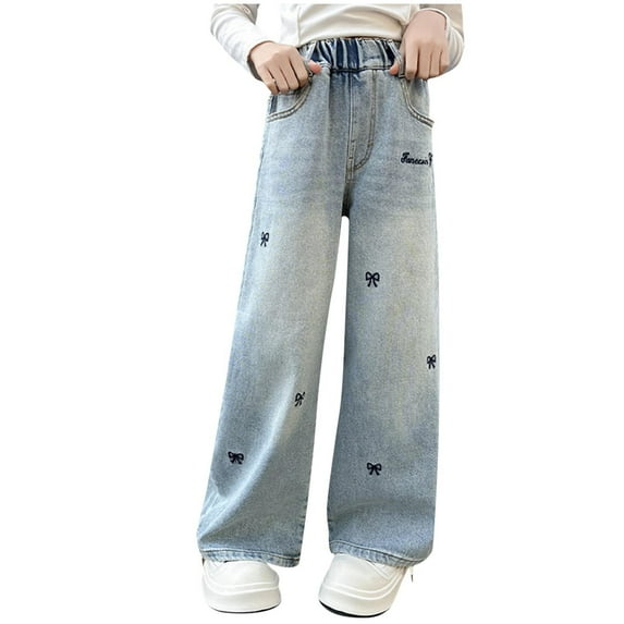 Wide Leg Jeans for Girls Baggy Loose Denim Jeans High Waist Pants Trousers with Pocket Blue,9 Years