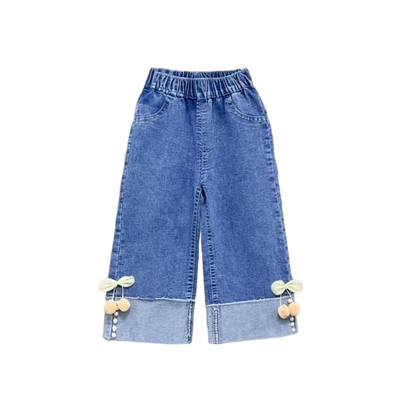 Wide Leg Jeans for Girls Cute Elastic Waisted Casual Denim Trouser with Bowknots Girls Baggy Pants Size 1-8