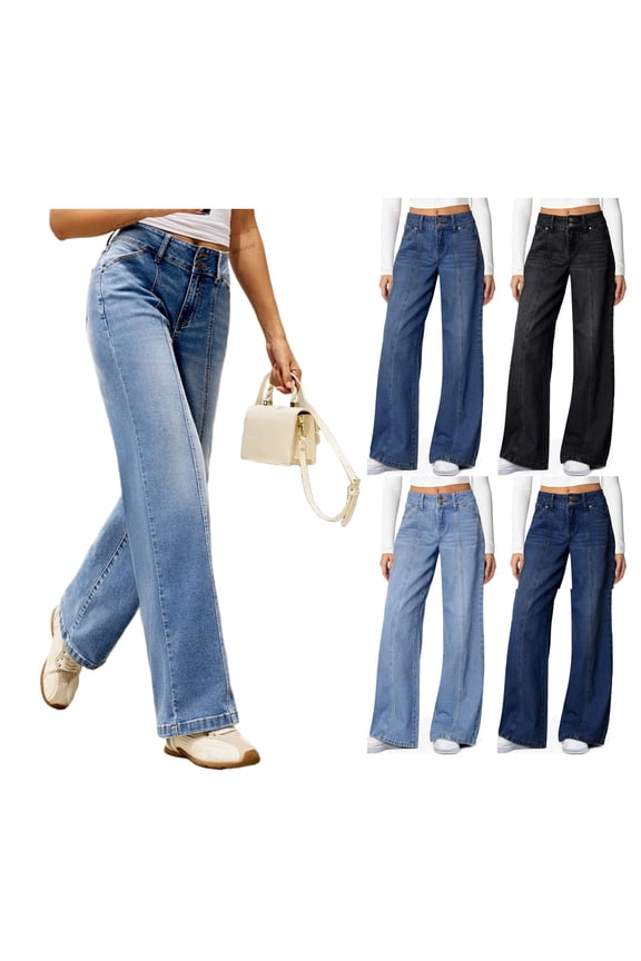 Wide Leg Jeans for Women 2025 - High Waisted Casual Loose Fit, Seamed Front Denim Pants with Pockets Black S