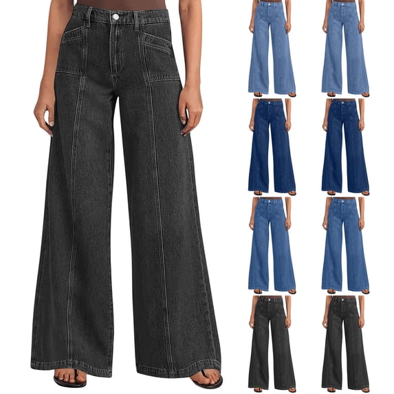 Wide Leg Jeans for Women , Baggy Straight Leg Classic Jean Ladies High Waist Loose Fit Denim Trousers with Pockets for Everyday Wear