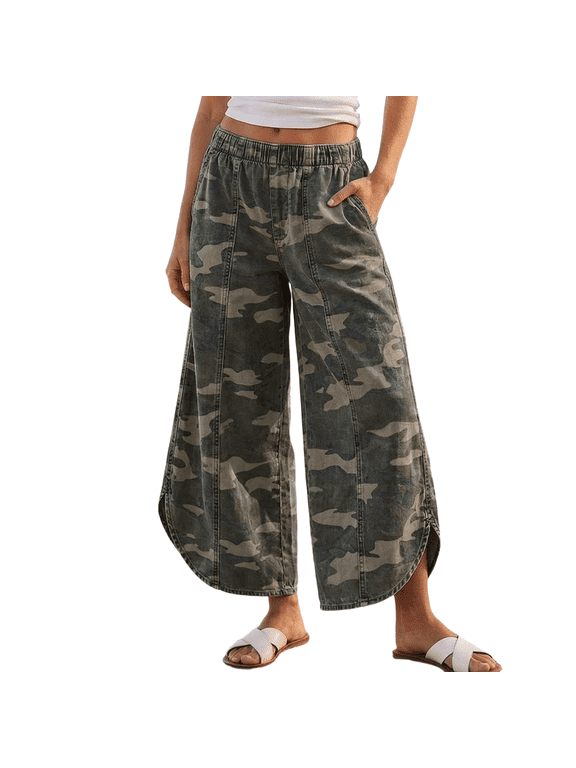Wide Leg Jeans for Women Baggy Y2K Cropped Pants Elastic High Waisted Jeans Pull on Jeans with Pocekts