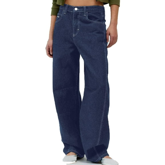 Wide Leg Jeans for Women Button Zipper Pockets Length Pants Blue Wide Leg Pants L
