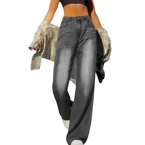 Wide Leg Jeans for Women Casual High Waisted Strechy Straight Leg Loose Tummy Control Denim Pants with PocketDark Gray 2XL
