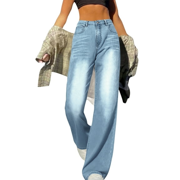 Wide Leg Jeans for Women Casual High Waisted Strechy Straight Leg Loose Tummy Control Denim Pants with PocketLight Blue 2XL