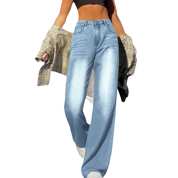 Wide Leg Jeans for Women Casual High Waisted Strechy Straight Leg Loose Tummy Control Denim Pants with PocketLight Blue S