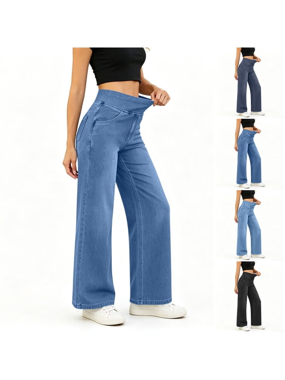 Wide Leg Jeans for Women Elastic High Waisted Denim Pants Straight Leg Slimming Stretch Jeans Casual Baggy Fashion Pull on Trousers