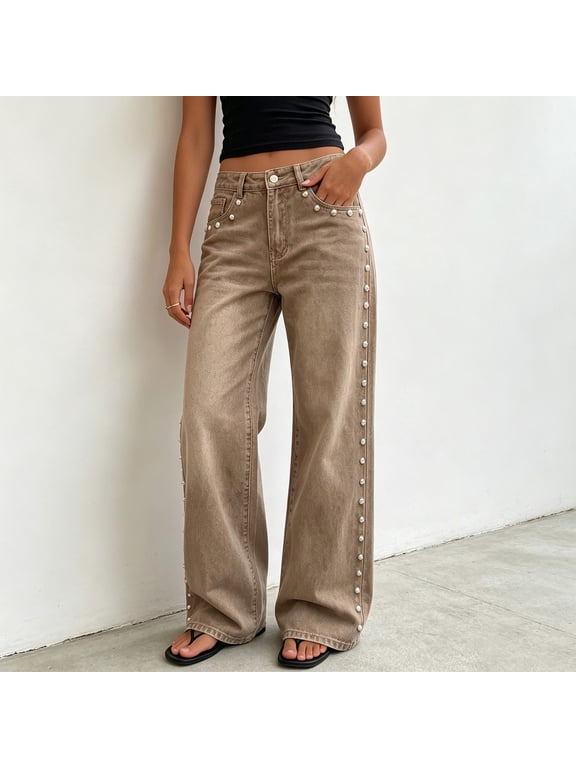 Wide Leg Jeans for Women Fall Winter Mid Rise Y2k Studded Washed Denim Pants with Pockets Streetwear Trousers
