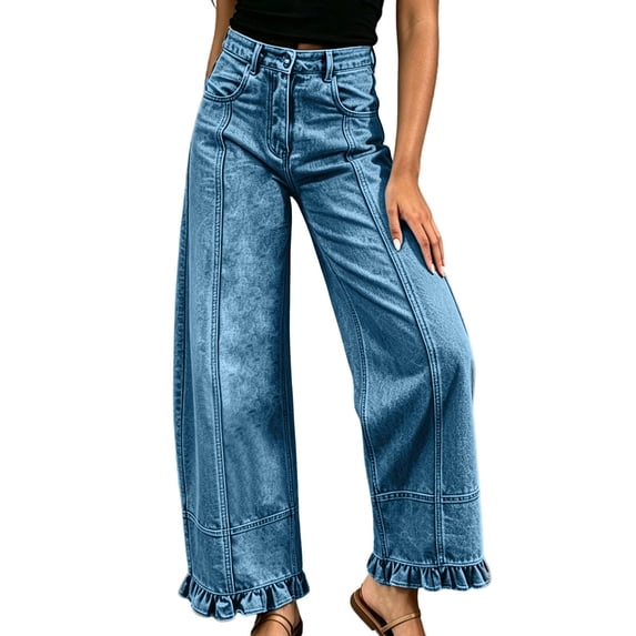 Wide Leg Jeans for Women High Waisted Baggy Jeans Ruffle Hem Casual Trendy Denim Pants Loose Fit Fall Winter Clothing with Pockets