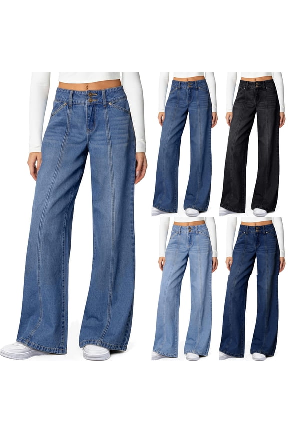 Wide Leg Jeans for Women High Waisted Casual Stretchy, Long Denim Trousers with Pockets 2025 Navy S