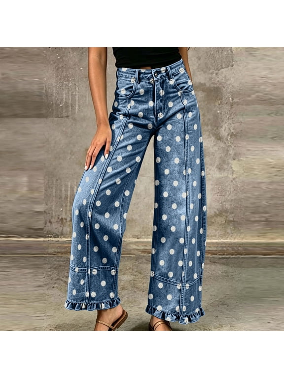 Wide Leg Jeans for Women High Waisted Ruffle Hem Jeans Lightweight Polka Dot Loose Casual Denim Pants Travel Vacation Outfits