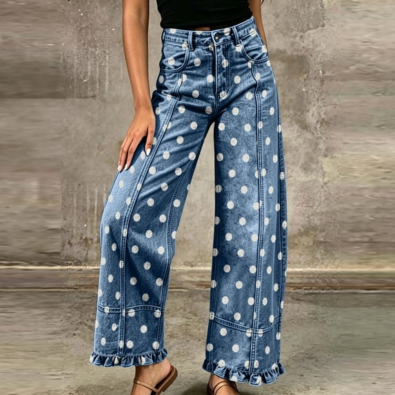 Wide Leg Jeans for Women High Waisted Ruffle Hem Jeans Lightweight Polka Dot Loose Casual Denim Pants Travel Vacation Outfits
