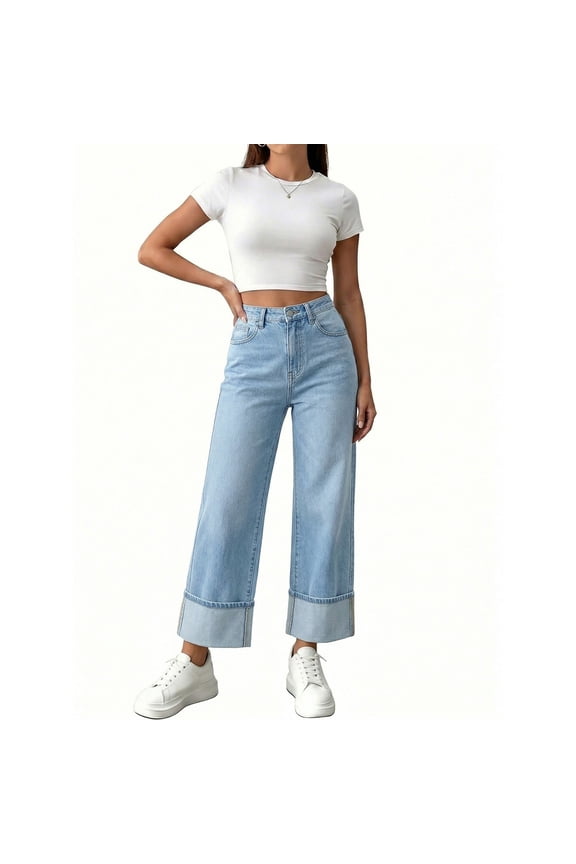 Wide Leg Jeans for Women High Waisted Stretchy Cropped Denim Pants Fold Hem Baggy Pull On Jeans Trousers with Pockets