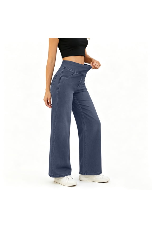 Wide Leg Jeans for Women High Waisted Stretchy Trendy Pull On Jeans Straight Baggy Loose Casual Denim Pants Navy M(M)