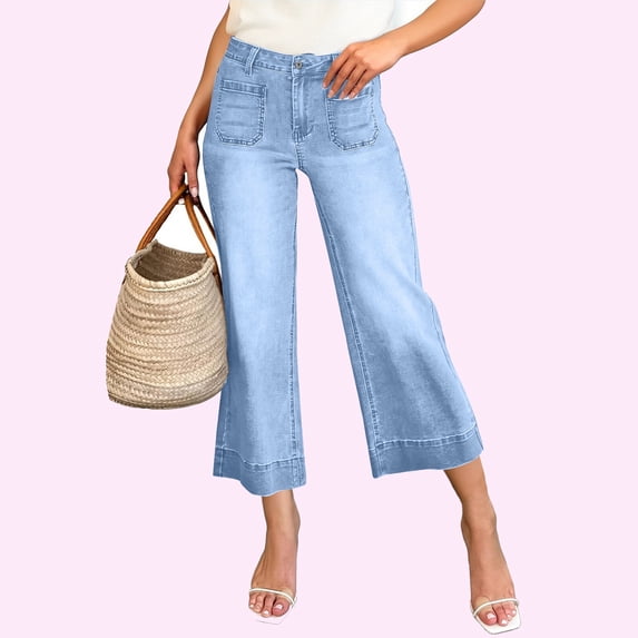 Wide Leg Jeans for Women High Waisted Trendy Front Patch Pocket Flare Cropped Jeans Stretchy Denim Jean Pants Blue M