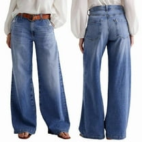 Wide Leg Jeans for Women Mid Waist Baggy Decor Denim Washed Pants Blue L