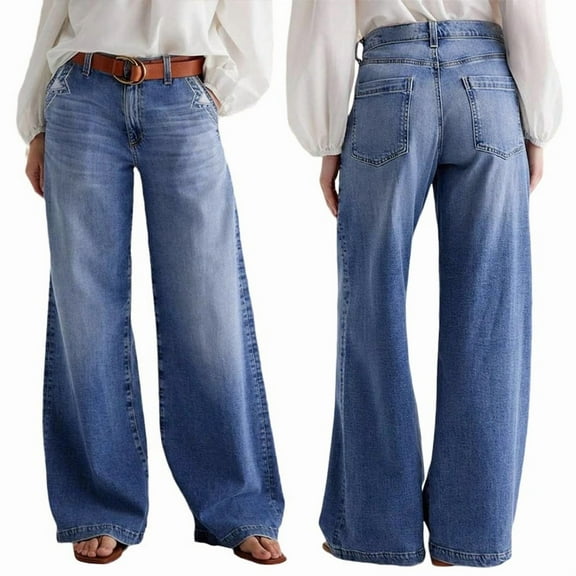Wide Leg Jeans for Women Mid Waist Baggy Decor Denim Washed Pants Blue L