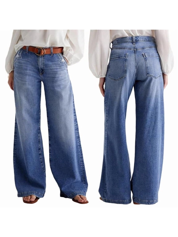 Wide Leg Jeans for Women Mid Waist Baggy Decor Denim Washed Pants Blue L