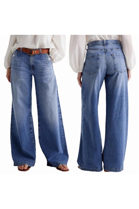 Wide Leg Jeans for Women Mid Waist Baggy Decor Denim Washed Pants Blue S