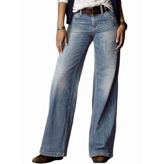 Wide Leg Jeans for Women Mid Waist Baggy Denim Washed Pants Without Belt Light Blue XL