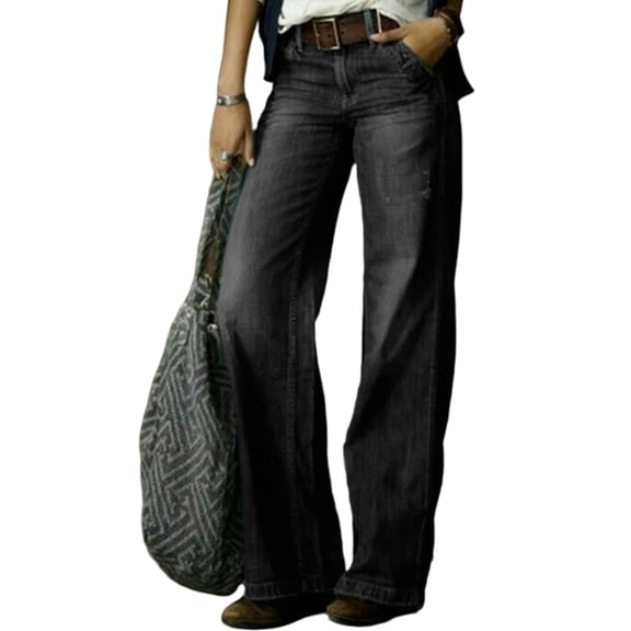 Wide Leg Jeans for Women Mid Waist Baggy Denim Washed Pants Without Belt