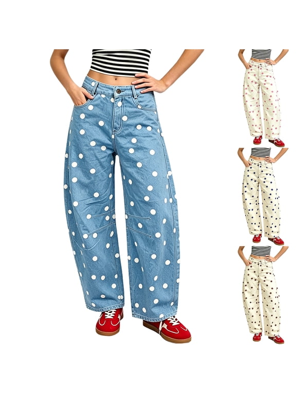 Wide Leg Jeans for Women Polka Dot Print Stretch High Waisted Baggy Jeans Curved Leg Boyfriend Y2K Casual Pattern Denim Pants