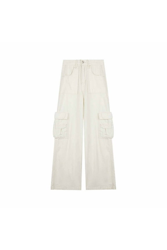 Wide Leg Jeans for Women Retro Wash Distressed Jeans Multi-Pocket Cargo Denim Pants Mid Waist Button Bootcut Trousers