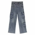 thumbnail image 1 of Wide Leg Jeans for Women Retro Wash Distressed Jeans Multi-Pocket Cargo Denim Pants Mid Waist Button Bootcut Trousers, 1 of 7