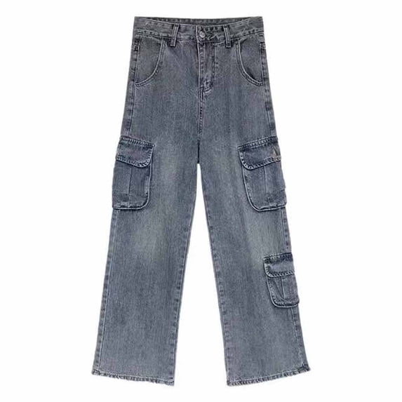 Wide Leg Jeans for Women Retro Wash Distressed Jeans Multi-Pocket Cargo Denim Pants Mid Waist Button Bootcut Trousers