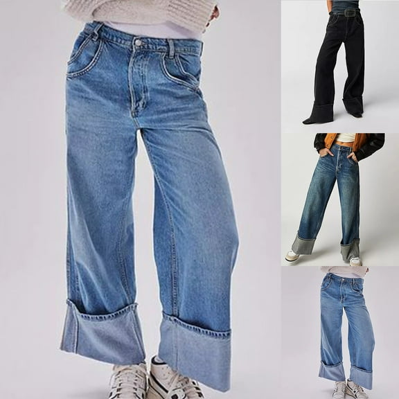 Wide Leg Jeans for Women Solid Color Button Zipper Pockets Length Pants Light Blue Loose Denim Pants L