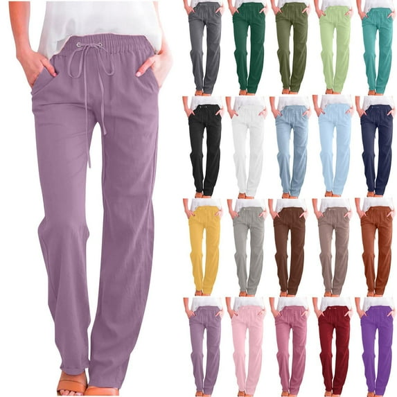 Wide Leg Jeans for Women Solid Color Drawstring Cotton And Linen Elastic Trousers with Pocket Loose Denim Pants Purple S-5XL