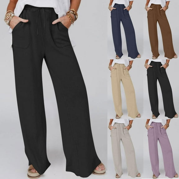 Wide Leg Jeans for Women Solid Color Drawstring Cotton and Linen Casual Loose Wide-Leg Straight Long Pants with Pockets Black Loose Denim Pants S